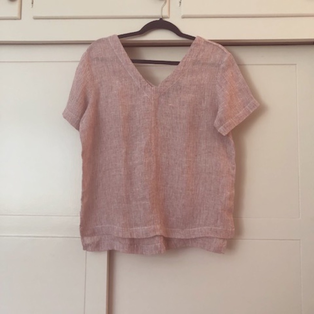 Tahari Linen Blouse Red/White Chambray Short Sleeve V Neck Slit Linen XS